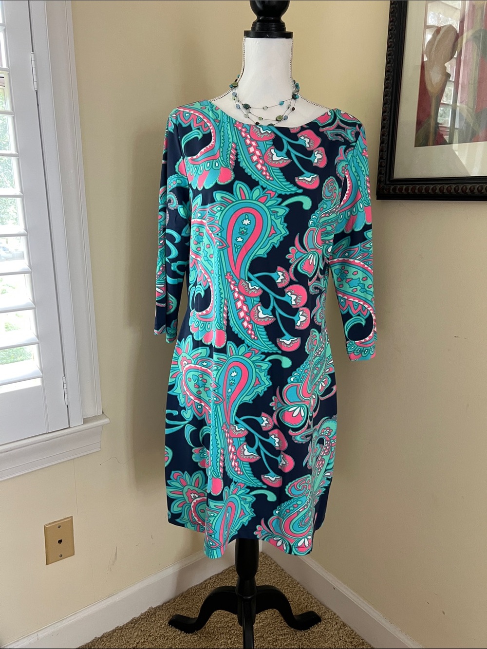 Britt Midi Dress with Teal & Pink Accents